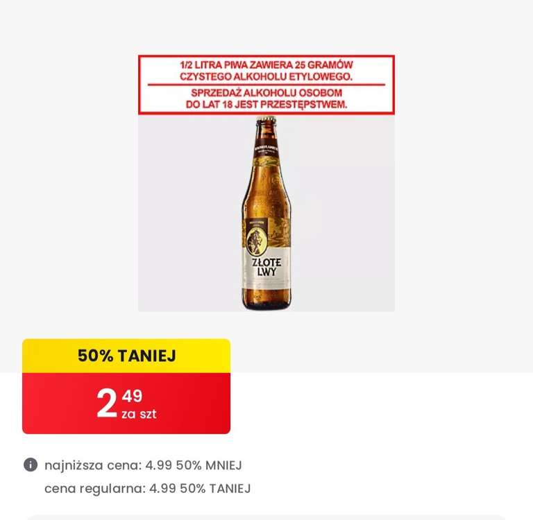 Piwo Złote Lwy 0.5l za 2.49zł, Perła export 0.33l za 1.49zł, Pilsner Urquell za 1.99zł i Grolsch 0.45l 4.99zł - Biedronka