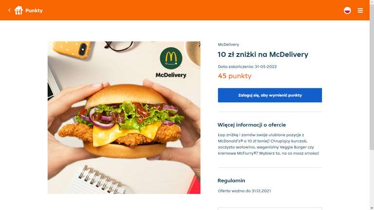 15 zł (Koku Sushi) lub 10 zł (McDonald's, Salad Story, Bobby Burger, Telepizza, E. Wedel, Sushi Kushi) rabatu za 45 punktów na Pyszne.pl