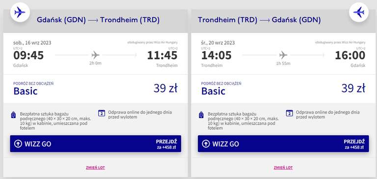 Lot Gdańsk - Trondheim w dwie strony, 16.09 - 20.09, Wizz Air