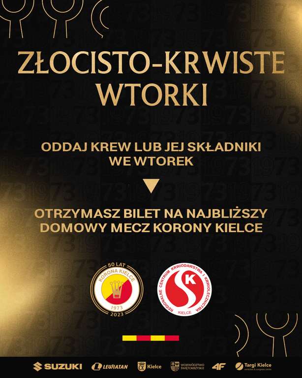 Złocisto-Krwiste Wtorki! - oddaj krew lub jej składniki i odbierz bilet na mecz Korony Kielce