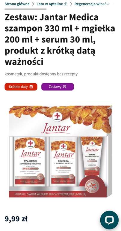Zestaw: Jantar Medica szampon 330 ml + mgiełka 200 ml + serum 30 ml, produkt z krótką datą ważności, Apteline