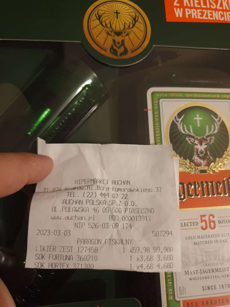 Jagermeister 0.7 + zielone kieliszki Auchan Kraków
