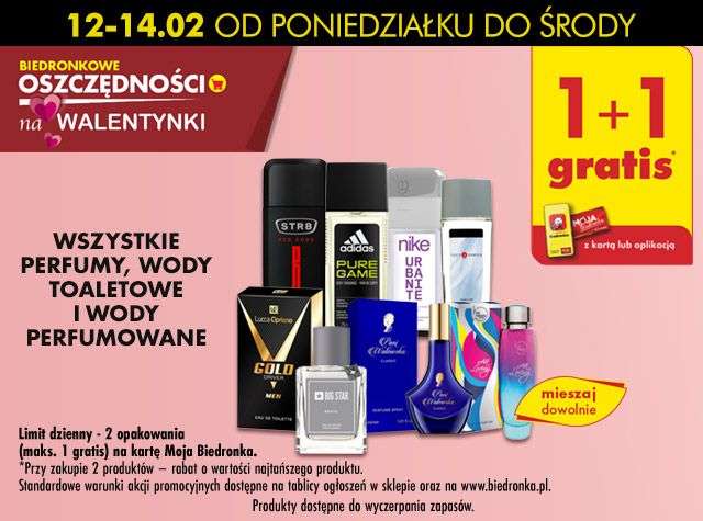 Wszystkie perfumy, wody toaletowe i perfumowane 1+1 gratis (12-14 luty) Biedronka