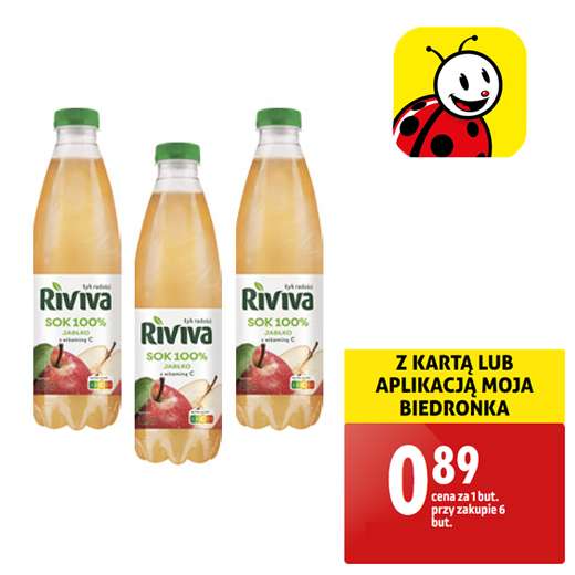 Sok jabłkowy Riviva 1l za 0.89zł/but przy zakupie zgrzewki z kartą - Biedronka