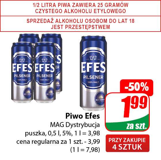 Piwo Efes puszka 0,5L przy zakupie 4 szt. Reszta piw w promocji w opisie @Dino