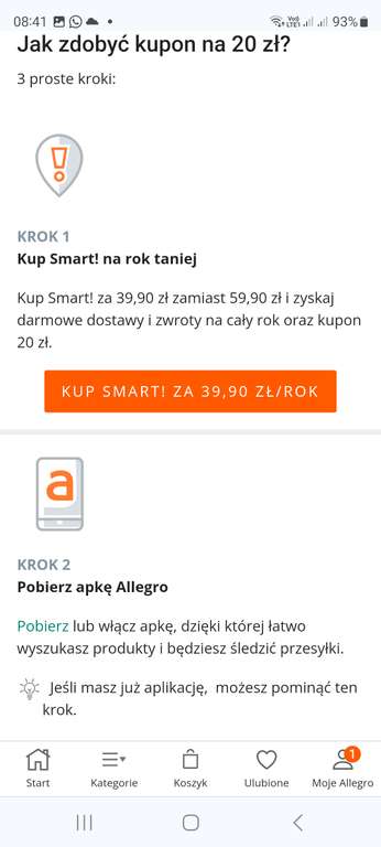 Allegro smart znów taniej o 20zl plus kupon w appce - 20 przy min. 80zl