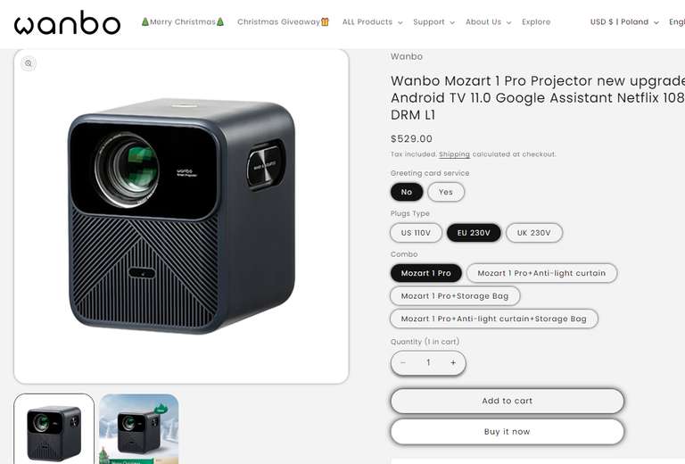 Projektor Wanbo Mozart 1 Pro  Android TV 11.0 Google Assistant Netflix  1080P DRM L1 (399,99$) 
