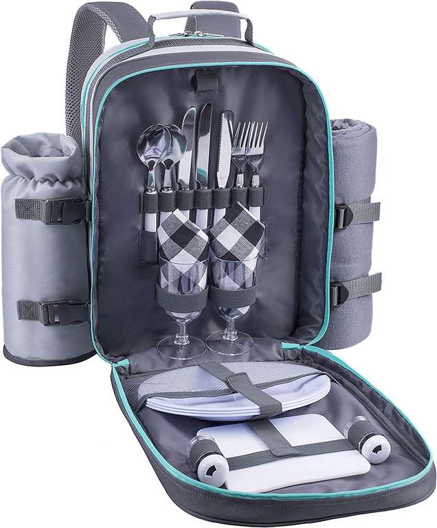 Plecak piknikowy dla 2 osób, plecak piknikowy, torba chłodząca z zestawem naczyń i kocem