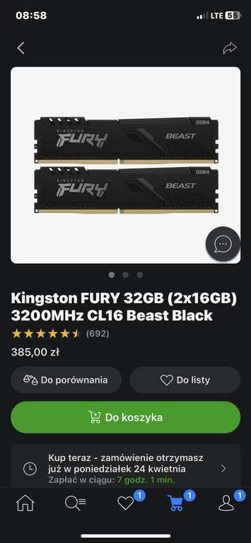 Pamięć RAM Kingston FURY 32GB (2x16GB) 3200MHz CL16 Beast Black