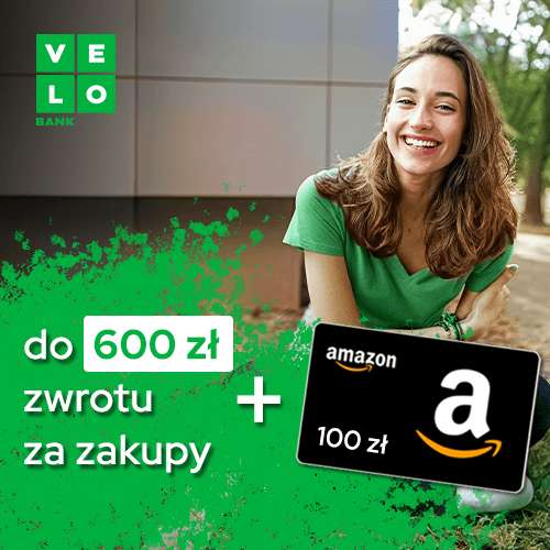 Do 600 zł zwrotu za założenie i aktywne korzystanie z VeloKonta + 100 zł na karcie podarunkowej Amazon @ PepperBonus + VeloBank