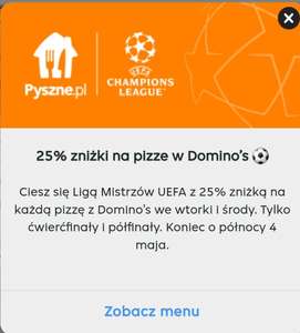 25% zniżki na pizze w Dominos na pyszne.pl