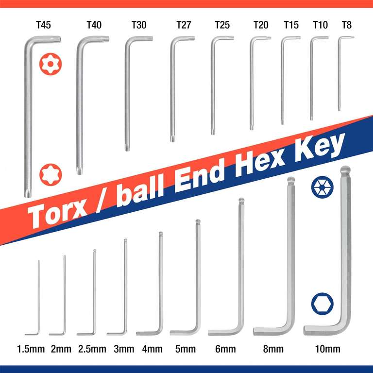 WORKPRO 18-częściowy zestaw kluczy imbusowych, Torx i końcówka kulowa, metryczne klucze sześciokątne 1,5≠10 mm