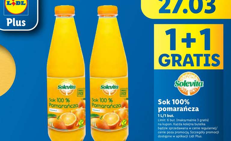 Solevita Sok pomarańczowy 100 % 1 l cena przy zakupie 2 butelek @Lidl