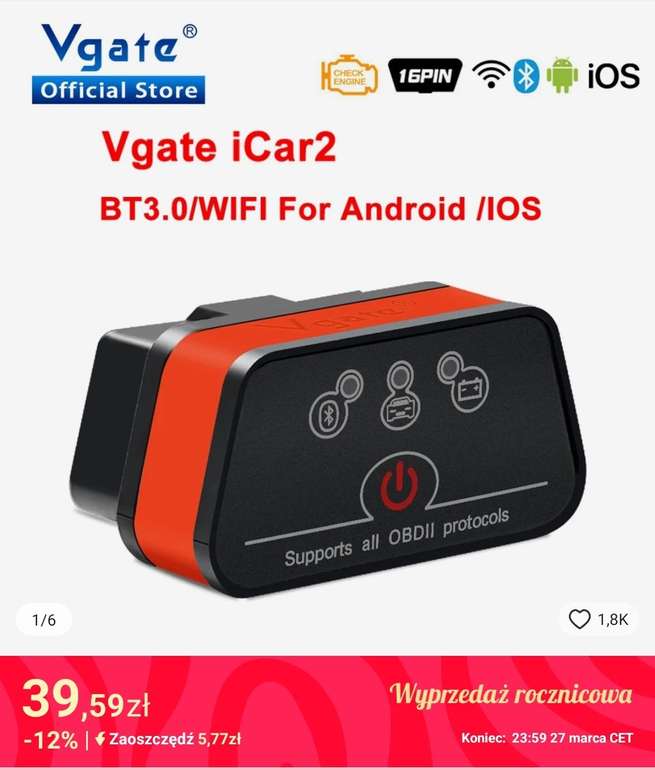 Vgate iCar2 ELM327 OBD2 BT3.0 (38,00 zł z monetami, darmowa wysyłka od 40 zł za produkty z oznaczeniem Choice) US $9.77