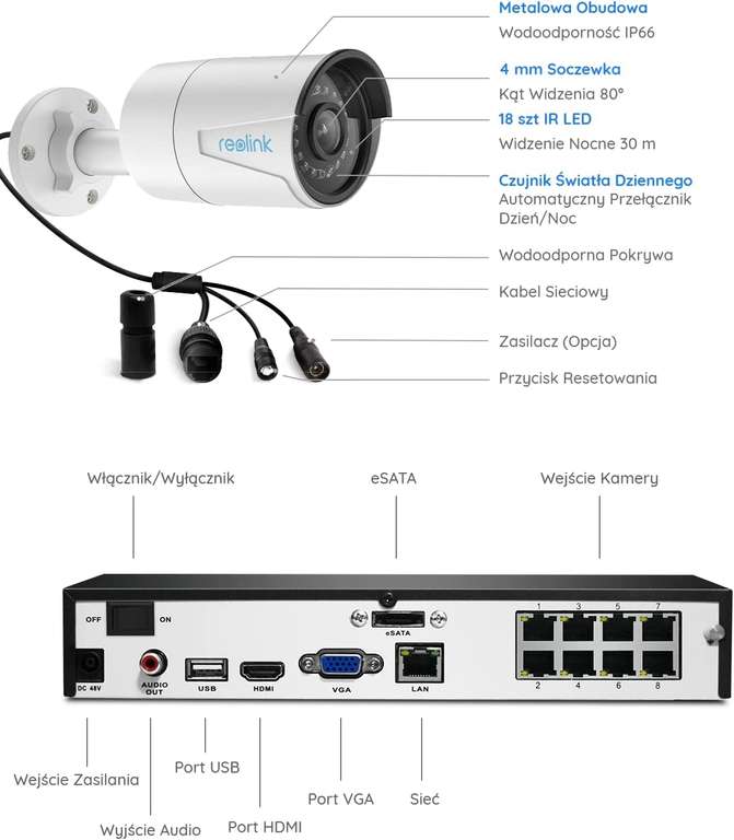 Reolink 4K PoE Zestaw do Monitoringu Osób/Pojazdów, 4 Kamery IP z rozdzielczością 8MP