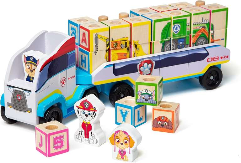 Psi Patrol ciężarówka z drewnianymi figurkami i klockami z grafikami pojazdów i alfabetu