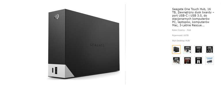 Seagate One Touch Hub, 16 TB,dysk zewnętrzny – port USB-C i USB 3.0, do stacjonarnych komputerów PC, laptopów,